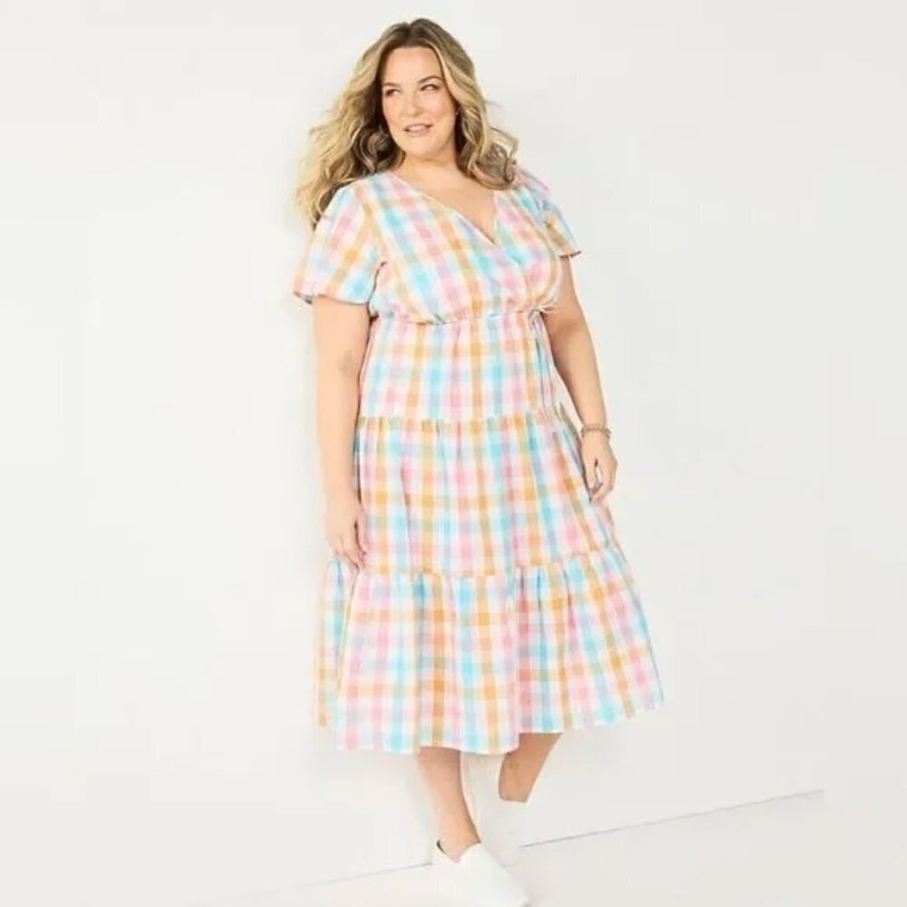 NEW Croft & Barrow Checkered Tiered Seersucker Short Sleeve Dress Sz XXL
